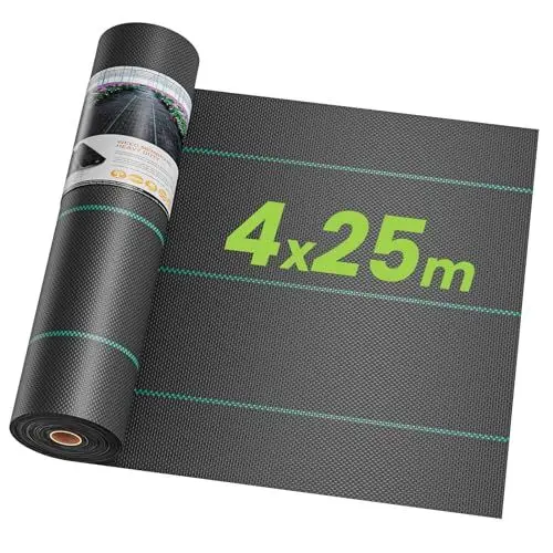 Produktbild: OUNUO 4mx25m Unkrautvlies Gartenvlies gegen Unkraut, Reißfestes Unkrautfolie Wasserdurchlässig Unkrautgewebe 90g/m², Rolle Bändchengewebe Hohe UV-Stabilisierung