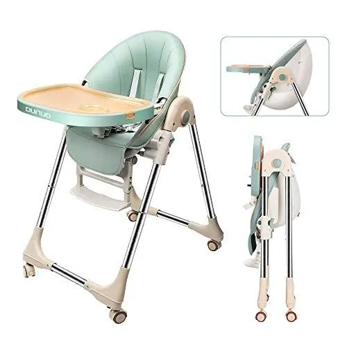 Produktbild: OUNUO Baby Hochstuhl Vertehllbar und Klappbar kinderhochstuhl mitwachsend Kindersitz Kinderstuhl mit Sicherheitsgurt 6 Monaten bis 6 Jahre PU Leder Kissen (Grün)