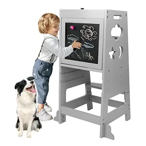 Produktbild: OUNUO Lernturm für Kinder, Montessori Beobachtungsturm mit 2 beschreibbaren Tafeln, Küchenhilfe, 3 verstellbare Höhen, Sicherheitsstangen, Antikippfüße, Grau