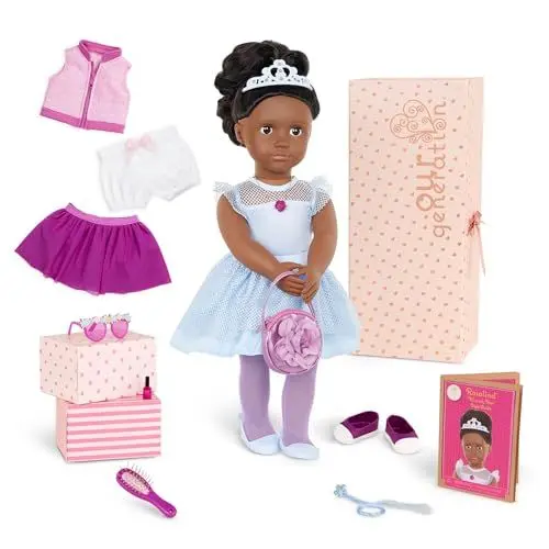 Produktbild: Our Generation Puppe Rosalind mit 3 Outfits – Bewegliche 46 cm Puppe mit Puppenkleidung, Kamm, Zubehör und Langen schwarzen Haaren zum Frisieren – Spielzeug ab 3 Jahren (19 Teile)