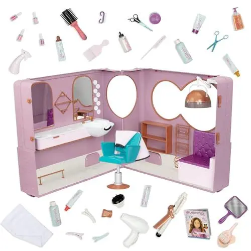 Produktbild: Our Generation – Friseursalon – Zusammenklappbares Set mit Licht & Geräuschen – Puppenzubehör für 46 cm Puppen – Puppenhausmöbel – Spielzeug für Kinder ab 3 Jahren – Salon on Wheels
