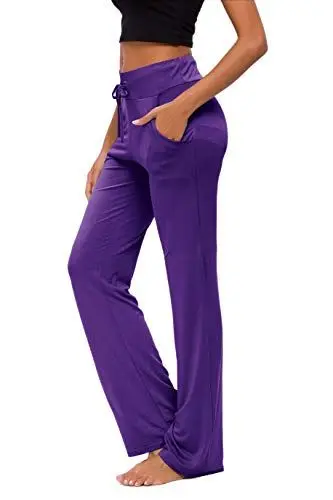 Produktbild: OURCAN Damen Yoga Hose Mit Taschen Breites Bein Kordelzug Lose Gerade Lounge Laufen Workout Modale Hose Aktive Freizeit Jogginghose (Dunkelviolett, XL)