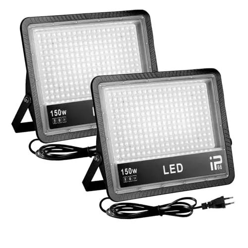 Produktbild: OUSIDE 2 Stück LED Strahler Außen 150W, Superhell 15000LM Außenstrahler, IP66 Wasserdicht 6500K Kaltweiß LED Fluter für Garten, Garage, Sportplatz, Terrassen