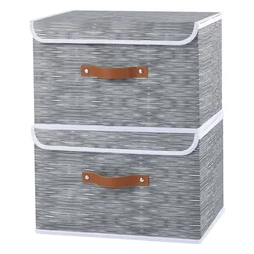 Produktbild: OUTBROS 2-Teilige Aufbewahrungsbox, Korb Aufbewahrung, Kisten Organizer Mit Deckel, Stoff Aufbewahrungswürfel mit Griff, Lagerraum für Kleidung im Schlafzimmer, 33 x 23 x 20 cm, Nadelstreifen