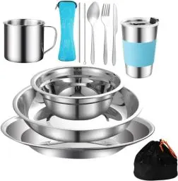 Produktbild: Outdoor Camping Besteck Set Edelstahl Geschirr für 1-2 Person Camping Geschirr Mess Kit Komplettes Geschirr Set 12 in 1 Flatware Kit mit Mesh Tasche für Camping, Rucksack, Wandern