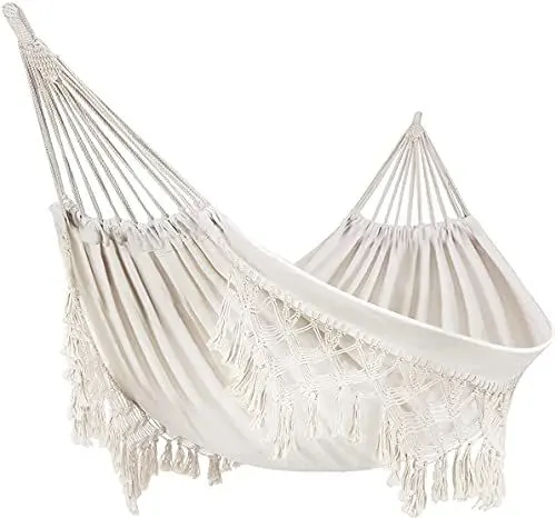 Produktbild: Outdoor Hängematte Garten Hängematte Baumwolle Hängematte Bett Makramee Fransen Hängematten Boho Balkon Hängematte Handgefertigte Quasten 2 Personen Doppel Hängematte 250kg für Zuhause Strand Terrasse