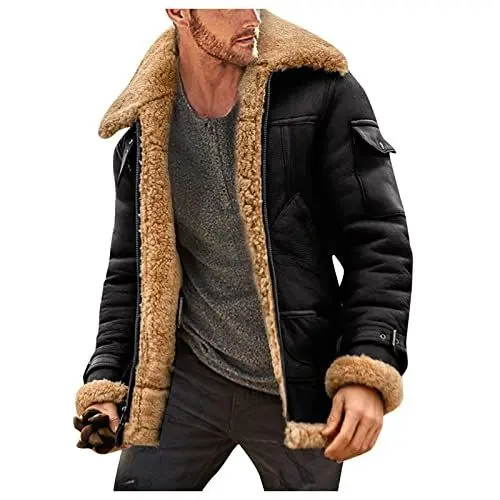 Produktbild: Outdoor Herren-Jacken Retro Motorradjacke Oversized Warme Winterjacke Lang Heavyweight PlüSchmantel Verdickt Bequem Wintermantel Fleece Leder Thermo Parka Muss eine größere Größe kaufen Schwarz L