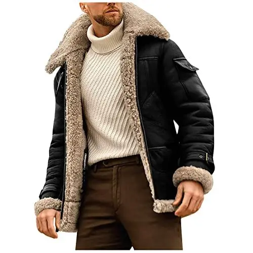 Produktbild: Outdoor Retro Wildleder Winterjacke Herren Lang Heavyweight Verdickt PlüSchmantel Oversized Warme Wintermantel Fleece GefüTtert Leder Parka Mode Motorrad Mantel Reissverschluss Lederjacke Schwarz L