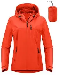 Produktbild: Outdoor Ventures Damen Regenjacke 10000MM Wasserdicht Leichte Gefüttert Packbar Sportjacke Funktionsjacke Atmungsaktiv Fahrrad Jacke mit Kapuze Orange L