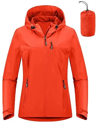 Produktbild: Outdoor Ventures Damen Regenjacke 10000MM Wasserdicht Leichte Gefüttert Packbar Sportjacke Funktionsjacke Atmungsaktiv Fahrrad Jacke mit Kapuze Orange M