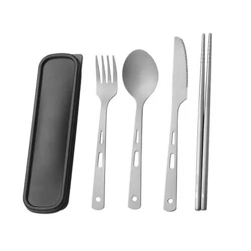 Produktbild: Outdoor-Titan-Utensilien-Set, Leichtes Titan-Geschirr-Set, mit Messer, Gabel, Löffel und Essstäbchen, für Camping, Picknick
