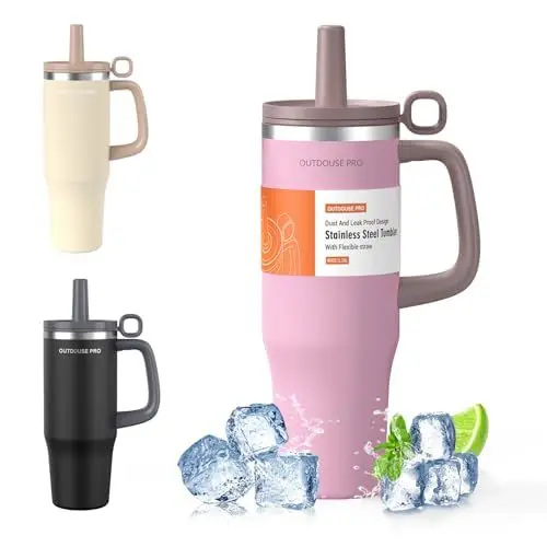 Produktbild: OUTDOUSE PRO Trinkbecher mit Strohhalm 40oz(1.2L), Edelstahl Vakuum-Isoliert Thermobecher, Auslaufsicher Becher mit Deckel, Spülmaschinenfest, BPA Frei Tumbler für Kalte Heiße Getränke, Rosa