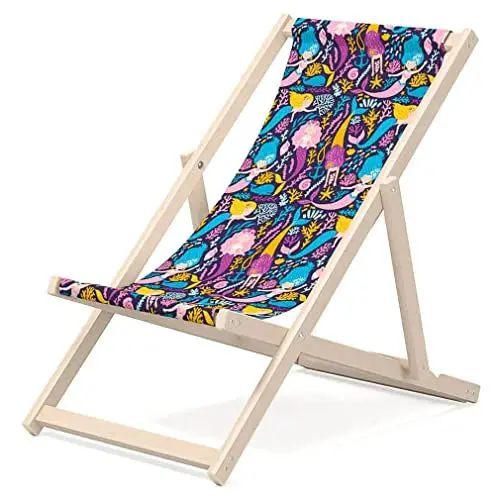 Produktbild: Outentin Kinder Liegestuhl für Garten - Premium Liegestuhl Holz für Balkon und Strand - Sonnenliege - Modernes Design - Kinder Outdoor - Motiv Meerjungfrauen