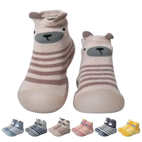 Produktbild: outfit spring Sockenschuhe Baby Krabbelschuhe Barfußschuhe Kinder Rutschfeste Weicher Stricken Lauflernschuhe Mädchen Jungen Niedliche Cartoon Gummisohle Lauflerner Babyschuhe 12-18 Monate Bär Khaki