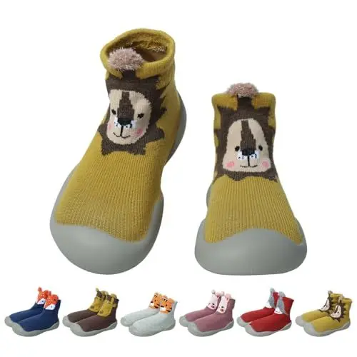 Produktbild: outfit spring Sockenschuhe Baby Krabbelschuhe Barfußschuhe Kinder rutschfeste Weicher Stricken Lauflernschuhe Mädchen Jungen Niedliche Cartoon Gummisohle Lauflerner Babyschuhe 12-18 Monate Tier Gelb