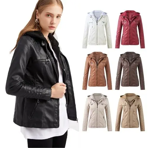 Produktbild: Outlet Angebote, Damen Jacken Sale Reduziert, Lederjacke Damen Kunstleder Lederimitat Winterjacke Mit Kapuze Große Größen Herbst/Winter Übergangsjacke Motorradjacke, Winterjacken Für Damen Sale