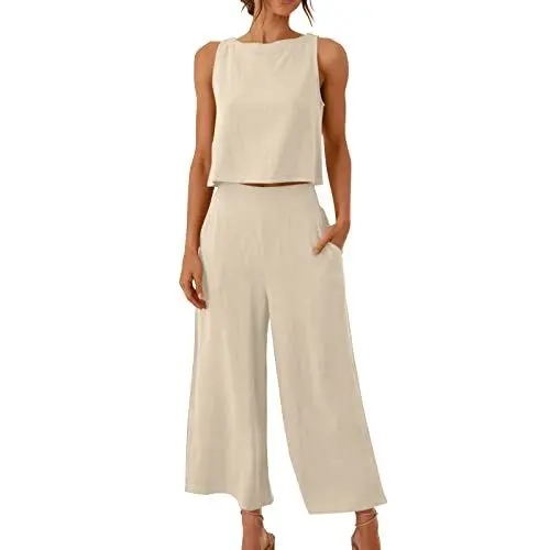 Produktbild: AACH Zweiteilige Damen Outfits Leinen Freizeitanzug Sommer Tank Top und Hose 2 Teiler Hosenanzug Casual Einfarbig Jogginganzug Elegant Leicht Loungewear mit Taschen Strand Leinenanzug