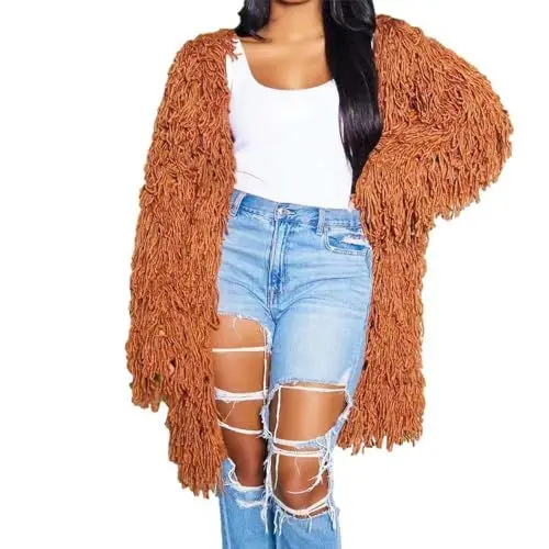 Produktbild: Outlet Damen Sale, Mantel Damen Winterjacke Damen-Cardigan Mit Zopfmuster Fransen Und Quasten Mittellang Vorne Offen Pullover Cardigan Ausschnitt Fransen Jacke Trenchcoat Cardigan Grobstrick Damen