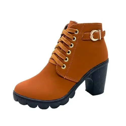 Produktbild: YANFJHV Einfarbige Kurze Stiefel aus PU Kurze Stiefel mit hohem Absatz und Schnürung Lauf Schuhe Damen (Khaki, 40)