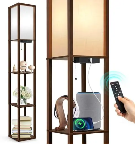 Produktbild: OUTON Dimmbar Stehlampe Regal mit Fernbedienung, 4 Farbtemperatur Einstellbar, 1H Timer, LED Stehleuchte mit 2 USB Anschlüsse, Stehlampen mit Lampenschirm für Wohnzimmer, Schlafzimmer, Büro, Braun