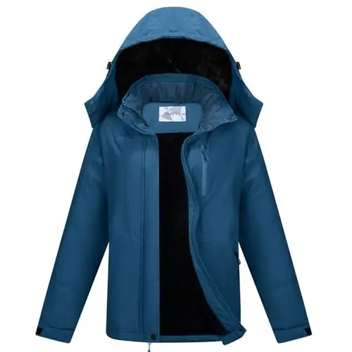 Produktbild: OutPro Skijacke Damen mit Wasserdichte Regenjacke Winddicht Warm Winterjacke Hooded Abnehmbarer, mit Reißverschlusstaschen Snowboardjacke Geeignet für Outdoor-Aktivitäten, Skifahren Blau XL