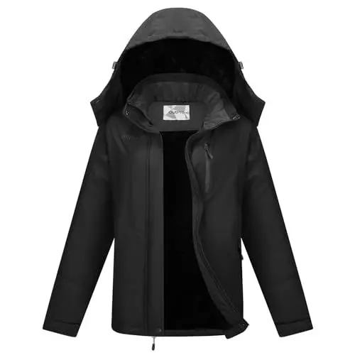 Produktbild: OutPro Skijacke Damen mit Wasserdichte Regenjacke Winddicht Warm Winterjacke Hooded Abnehmbarer, mit Reißverschlusstaschen Snowboardjacke Geeignet für Outdoor-Aktivitäten, Skifahren Schwarz L