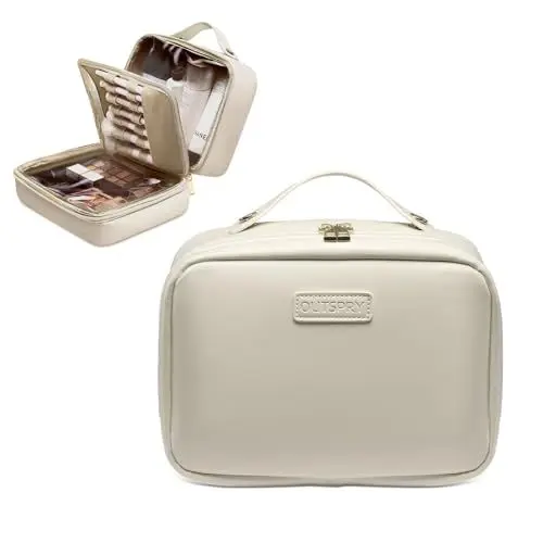 Produktbild: OutSpry Kulturtasche Groß, Reise Kosmetiktasche Make Up Tasche mit Pinselfach, Tragbare Wasserdicht PU Leder Kulturbeutel für Damen Mädchen, Weiß