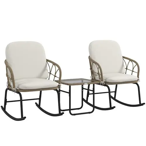 Produktbild: Outsunny 3-TLG. Rattan Schaukelstuhl-Set, Gartenmöbel-Set mit 2 Schaukelstühlen, 1 Couchtisch, Gartensitzgruppe mit Kissen, für Balkon, Terrasse, Creme