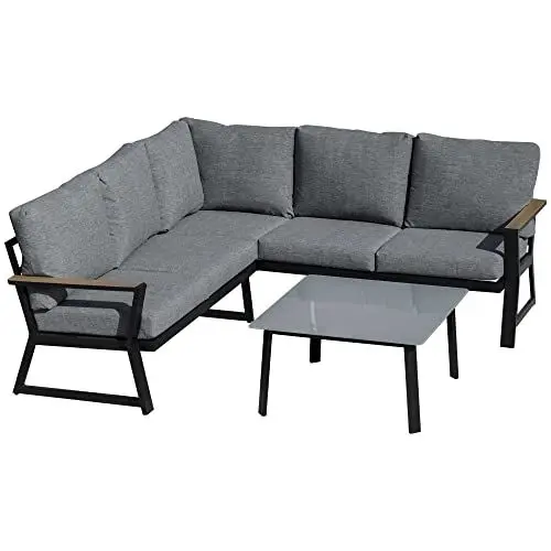 Produktbild: Outsunny 3-teiliges Gartenmöbel-Set mit Beistelltisch L-Form Sofa Balkonmöbel Set mit Kissen Outdoor Aluminium Grau