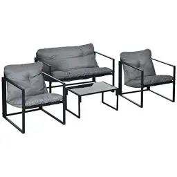 Produktbild: Outsunny Gartenmöbel Set 4 Personen Stahl wetterfest Balkonmöbel-Set mit 2er Sofa, Sessel Glastisch Sitzkissen Outdoor Sitzgruppe Terrassenmöbel Gartengarnitur für Garten Terrasse Balkon Grau+Schwarz