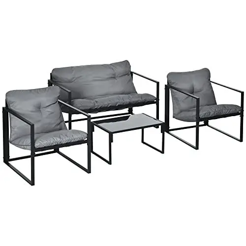 Produktbild: Outsunny Gartenmöbel Set 4 Personen Stahl wetterfest Balkonmöbel-Set mit 2er Sofa, Sessel Glastisch Sitzkissen Outdoor Sitzgruppe Terrassenmöbel Gartengarnitur für Garten Terrasse Balkon Grau+Schwarz