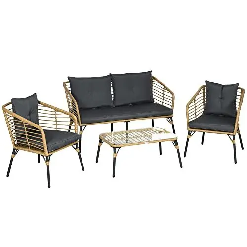 Produktbild: Outsunny 4 TLG. Gartenmöbel-Set, Rattan Sitzgarnitur mit Kissen, Sitzgruppe mit 3 Sesseln, 1 Couchtisch, Balkonmöbel im Boho-Stil für 4 Personen, Sand+Dunkelgrau