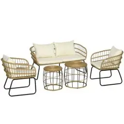 Produktbild: Outsunny 5 TLG. Rattan Gartenmöbel-Set, Sitzgruppe mit Kissen, Gartengarnitur mit 2 Couchtischen, 2 Sesseln, 1 Doppelsofa, Sitzgarnitur für Garten, Terrasse, Stahl, Beige