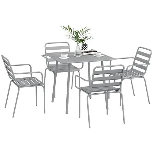 Produktbild: Outsunny 5 TLG. Sitzgruppe, Gartenmöbel-Set mit 1 Esstisch, 4 Stapelstühlen, Sitzgarnitur Gartengarnitur, für Balkon, Terrasse, Stahl, Hellgrau