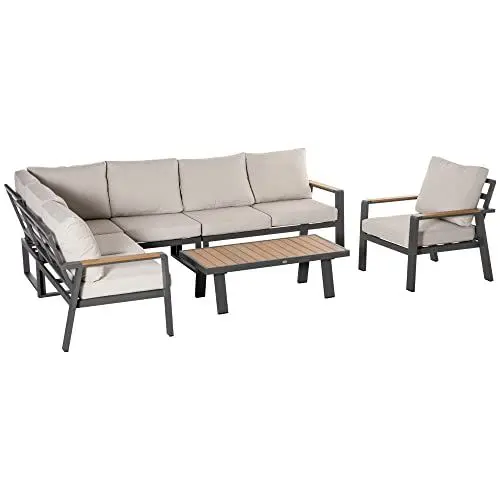 Produktbild: Outsunny 6-TLG. Gartenmöbel-Set Gartengarnitur Gartenset Sitzgruppe Doppelsofa 3 Einzelsofas mit Couchtisch Sofa mit Sitzkissen Outdoor L-Form Aluminium Cremeweiß