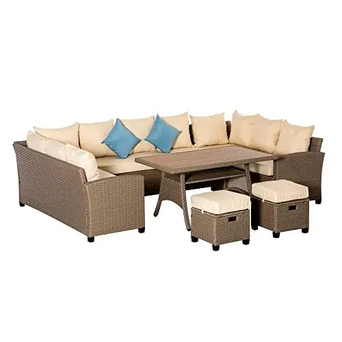 Produktbild: Outsunny 6-teilige Polyrattan Sofagarnitur für Garten und Terrasse inkl. Kissen wetterbeständig Beistelltisch Loungemöbel Braun+Khaki+Blau