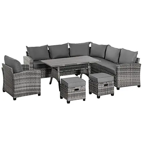 Produktbild: Outsunny 7-TLG. Luxus Polyrattan Gartenmöbel Set Gartengarnitur Garten-Set Sitzgruppe Loungeset Loungemöbel mit Beistelltisch Sitzkissen Grau