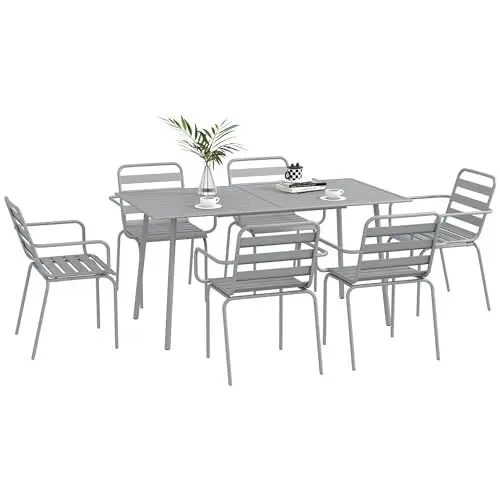 Produktbild: Outsunny 7 TLG. Sitzgruppe, Gartenmöbel-Set mit 1 Esstisch, 6 Stapelstühlen, Sitzgarnitur Gartengarnitur, für Balkon, Terrasse, Stahl, Hellgrau