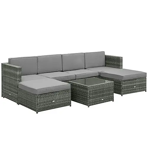 Produktbild: Outsunny 7-TLG. Polyrattan Gartengarnitur Gartenmöbel Garten-Set Sitzgruppe Loungeset Loungemöbel inkl. Fußhocker Sitzkissen Grau Stahl + Polyester 58 x 58 x 37 cm