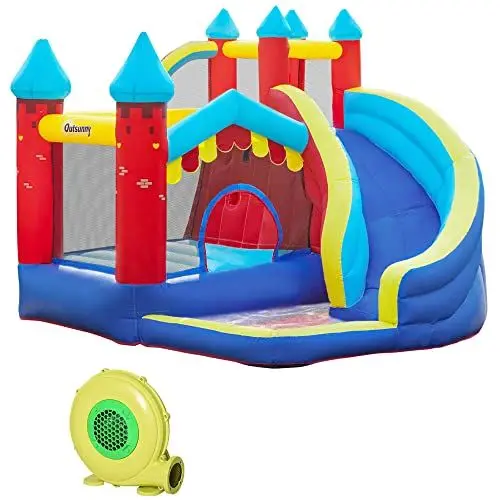 Produktbild: Outsunny Aufblasbare Hüpfburg Spielburg für Indoor & Outdoor Sprungbereich Bällebad mit Rutsche Wasserrutsche mit Transporttasche Flicken für Kinder ab 3 Jahre 290 x 270 x 230 cm