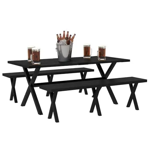 Produktbild: Outsunny Bierzeltgarnitur, 3-TLG. Festzeltgarnitur mit Tisch aus Alu, 2 Bänken aus Stahl, Schirmloch, Gartenmöbel Set mit Holzoptik für Terrasse, Balkon, 180 x 80 x 73 cm, Schwarz