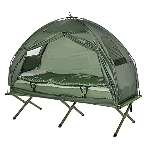 Produktbild: Outsunny Feldbett 4 in 1 Camping Set mit Zelt Schlafsack Matratze faltbar, Dunkelgrün