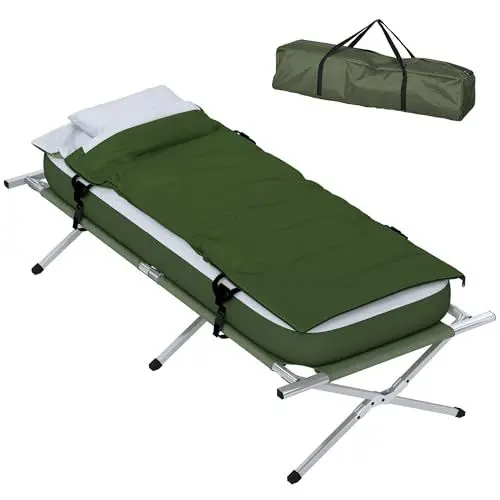 Produktbild: Outsunny Feldbett klappbar Campingbett mit Kopfkissen Matratze Tragetasche Pumpe 193 x 78 cm Gästebett belastbar bis 120 kg Campingliege für Erwachsene Klappbett für Camping Outdoor Reisen Grün