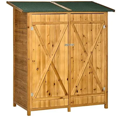 Produktbild: Outsunny Gartenschrank Geräteschuppen mit 2 Tür Geräteschrank mit Asphaltdach Gartenlagerschrank Antidumping Design mit Bodennägel Tannenholz Natur 140 x 75 x 157 cm