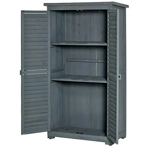 Produktbild: Outsunny Gartenschrank Holz, Geräteschuppen wetterfest 87x46,5x160cm, Gerätehaus mit Tür, Pultdach, Böden, Geräteschrank, Gartenhaus Werkzeugschrank Gartenschuppen für Garten, Terrasse, Grau