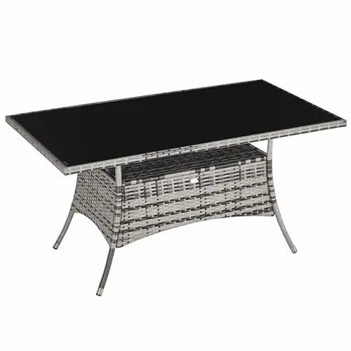 Produktbild: Outsunny Gartentisch Glastisch Esstisch Gartenmöbel Tisch, Polyrattan+Sicherheitsglas, Grau+Schwarz, 150x85x74cm
