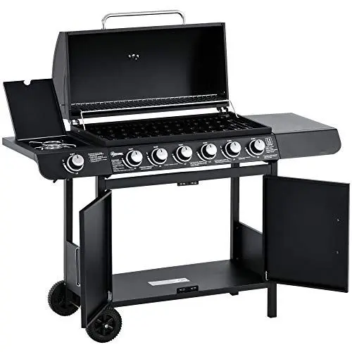 Produktbild: Outsunny Gasgrill 20KW Grillwagen inkl 7 Edelstahl-Brenner Seitenkocher Druckminderer Gasschlauch Deckel 2 Heizzonen Thermometer Seitenablagen, BBQ Gartengrill für Balkon, Camping 135 x 50 x 100 cm