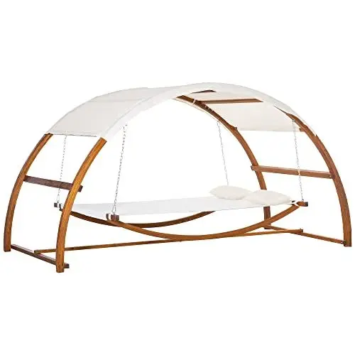 Produktbild: Outsunny Hängematte mit Holz Gestell und Sonnendach Hammock mit 2 Kopfkissen Stabhängematte Outdoor Indoor Cremeweiß+Natur 322 x 160 x 173 cm
