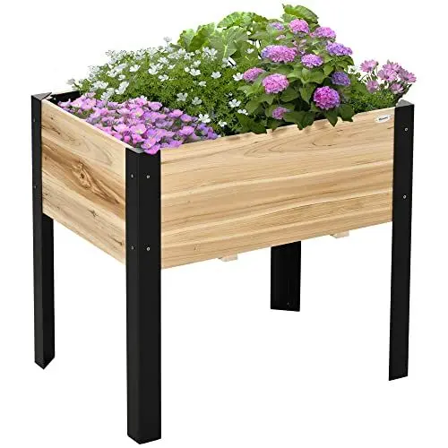 Produktbild: Outsunny Hochbeet Pflanzkasten Blumenkasten Blumentopf Kräuterbeet mit Vliesstoff Massivholz Stahl Natur+Schwarz 80 x 60 x 74 cm