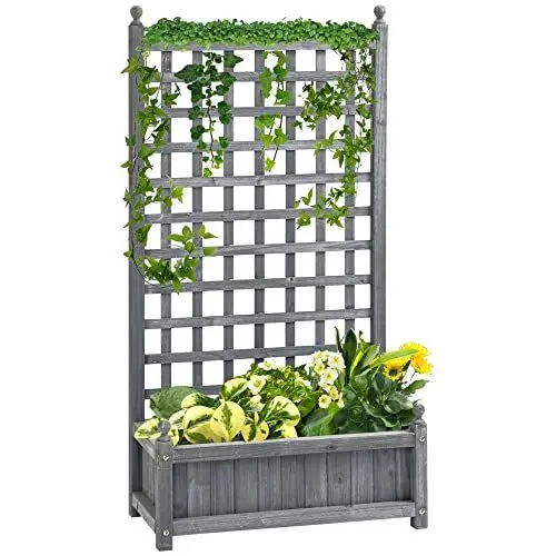 Produktbild: Outsunny Hochbeet Pflanzkasten mit Rankgitter Blumenkasten Rankkasten Rosenbogen mit Rankhilfe für Kletterpflanzen Garten Holz Grau 64 x 28 x 120 cm